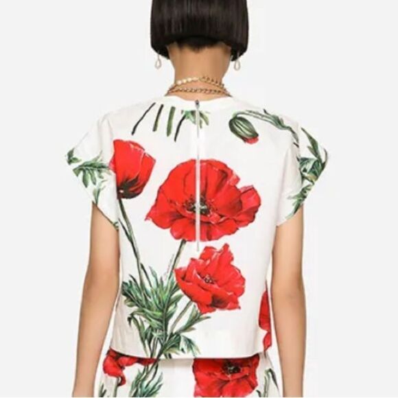 New Dolce& Gabbana Cap-Sleeve Poppy-Print Top Size IT 36 XS - Picture 6 of 13